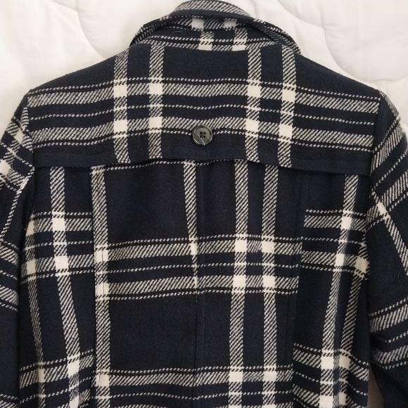 Bongo Womens Large Belted Brushed Soft Button-Down Plaid Navy Blue White Jacket - Picture 14 of 15